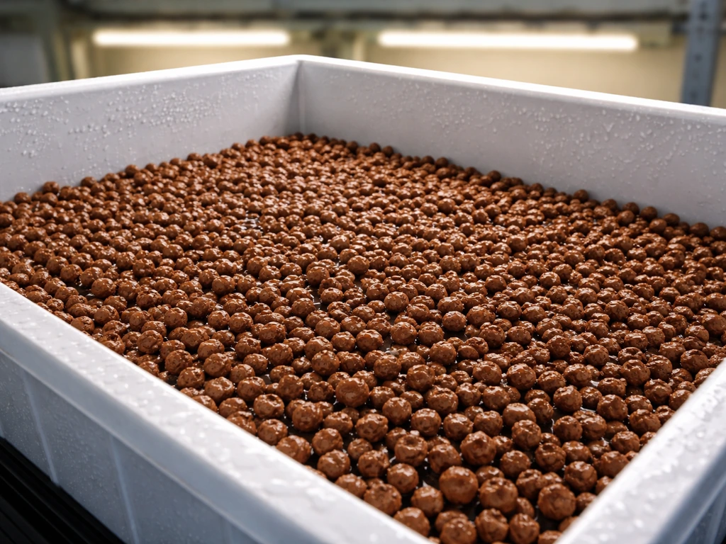 Ebb-and-flow hydroponics tray with clay pebbles during drain-to-air transition