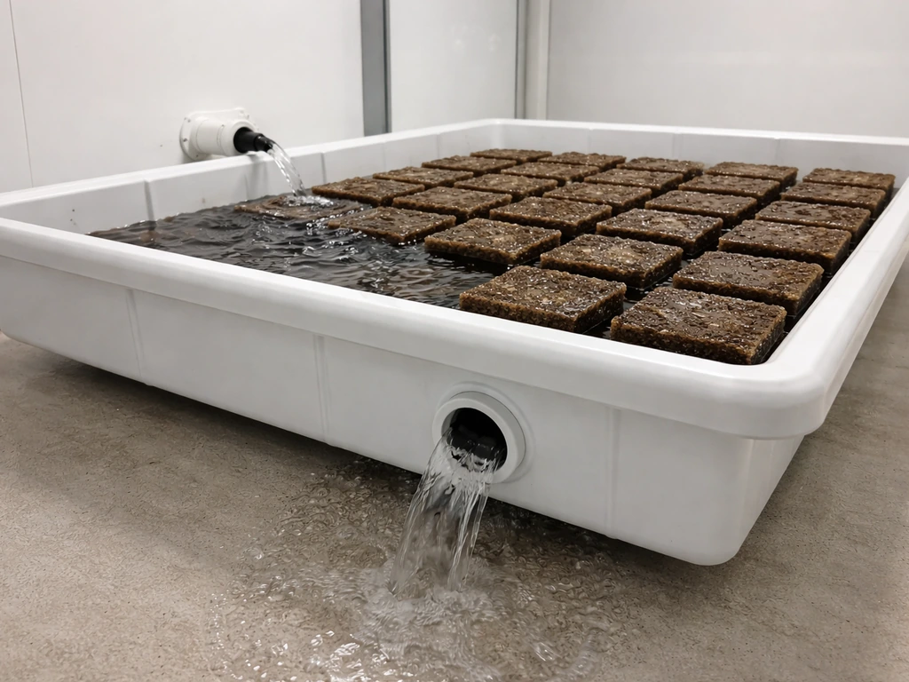 Hydroponic ebb-and-flow tray mid-cycle, nutrient flooding then draining rapidly from the medium.