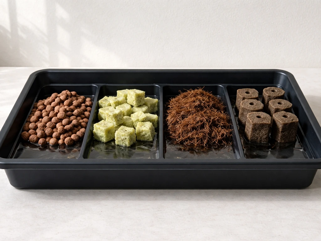 Tabletop tray with four distinct flood-and-drain media samples: clay pebbles, rockwool, coco coir, and plugs.