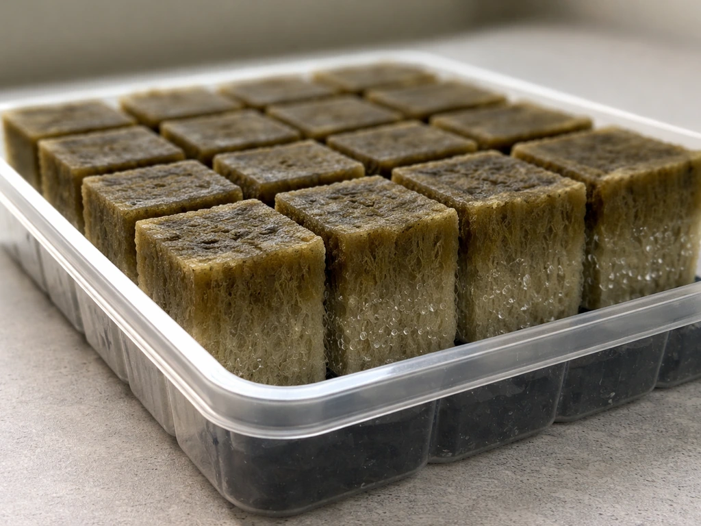 Moist rockwool cubes in a clear tray, showing damp tops and deeper saturation.