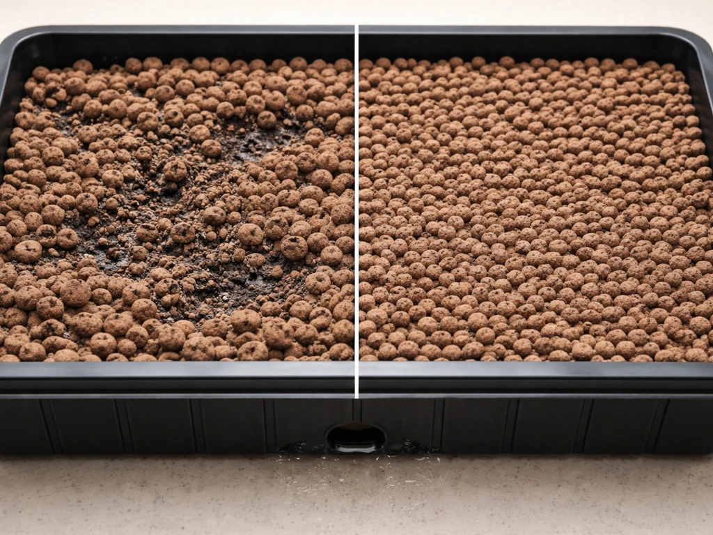 Close-up of propagation tray: uneven channeling and dry spots on one side vs evenly packed pebbles on the other.