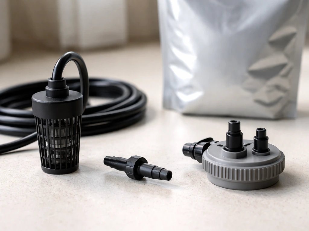 Close-up of hydroponic drip hardware and a plain nutrient bag on a countertop.