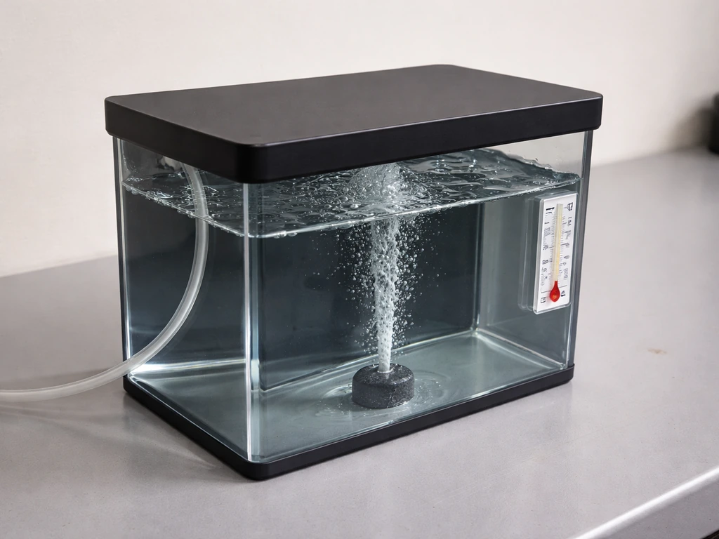 Dark-lidded reservoir with aeration stone and mounted thermometer in a simple indoor setup