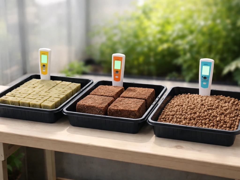 Minimal bench with rockwool, coco, and another medium tray and a pH meter showing different readings.