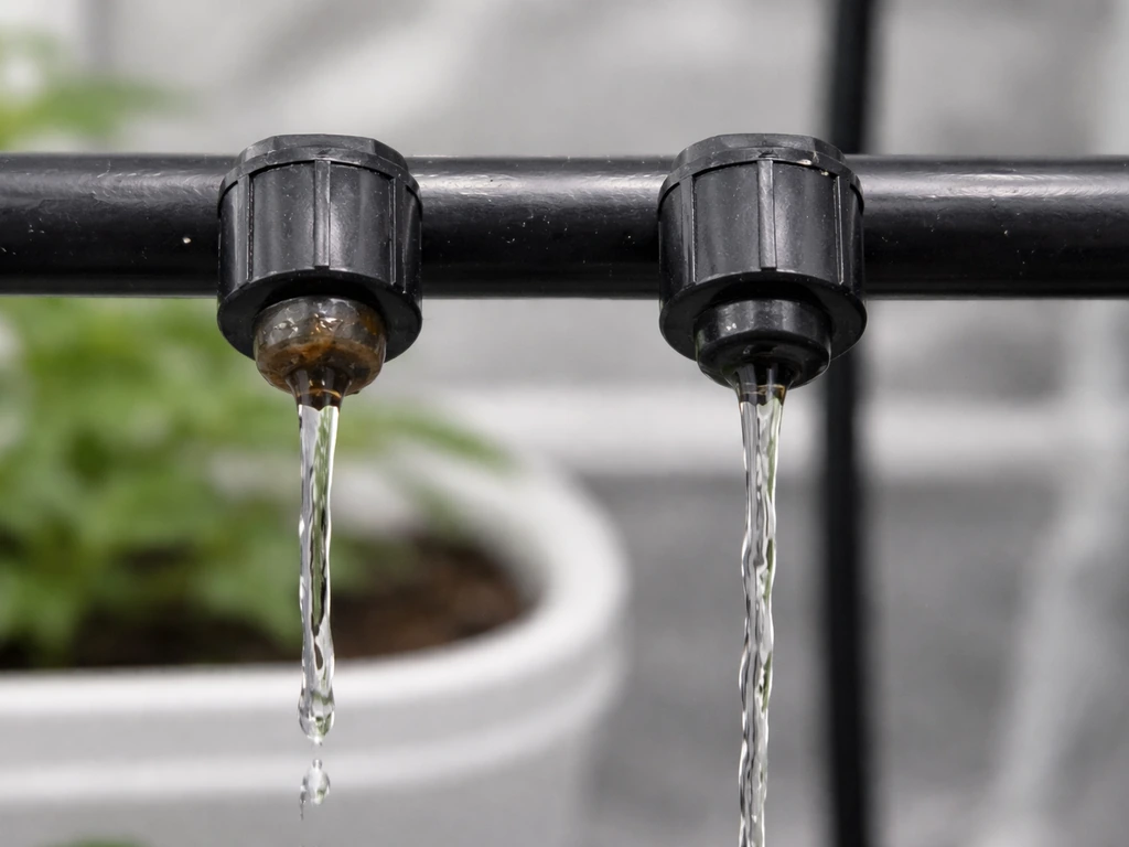 Two irrigation emitters side-by-side: one clogged with residue and weak flow, one clear with steady drip.