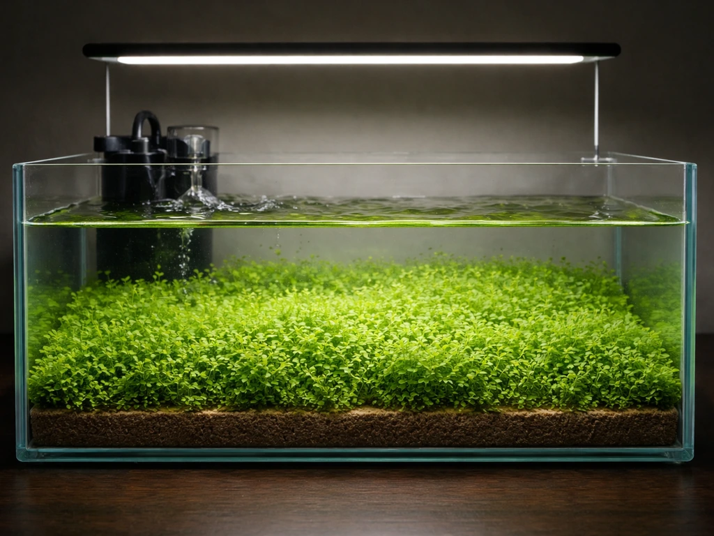 Glass tank with dense Monte Carlo carpet under bright light, no CO₂ equipment visible.