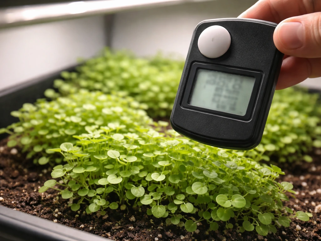 PAR meter over a small Monte Carlo grow area under bright light, targeting plant-ready intensity.