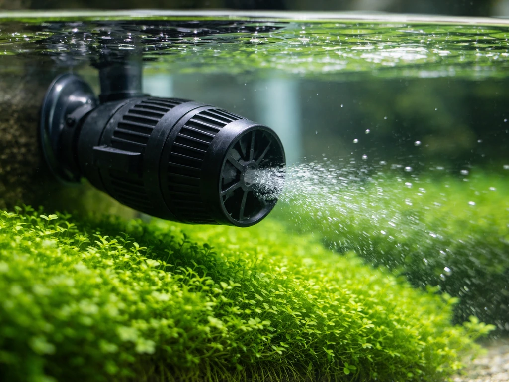 Close-up of gentle water circulation in a submerged aquarium with clear surface agitation and flowing water film.