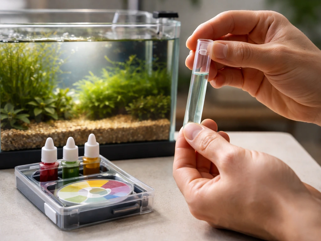 Close-up of an aquarium water testing kit and pH/KH indicators beside a small planted tank