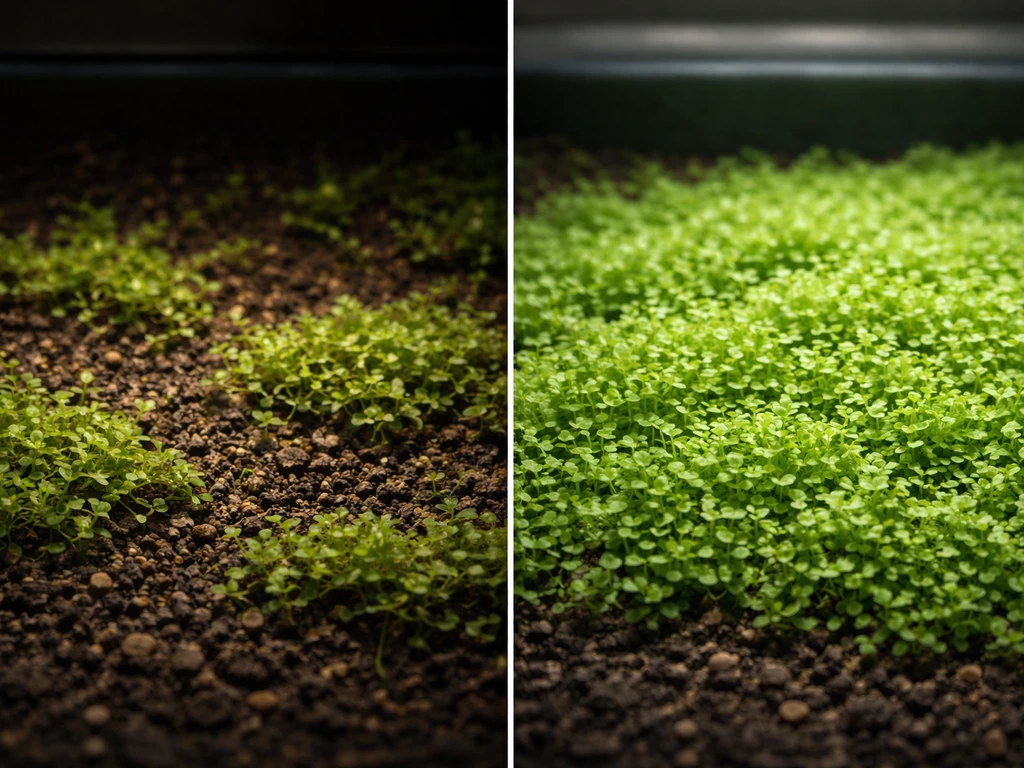 Close-up of a planted substrate bed with dim underlit sparse growth versus brighter denser carpet growth.
