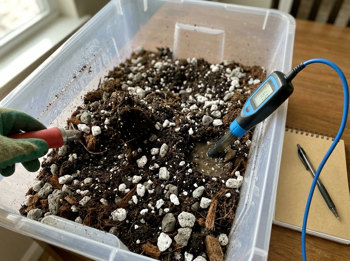 Mixed soil components with visible perlite and pH testing setup for matching plant needs.