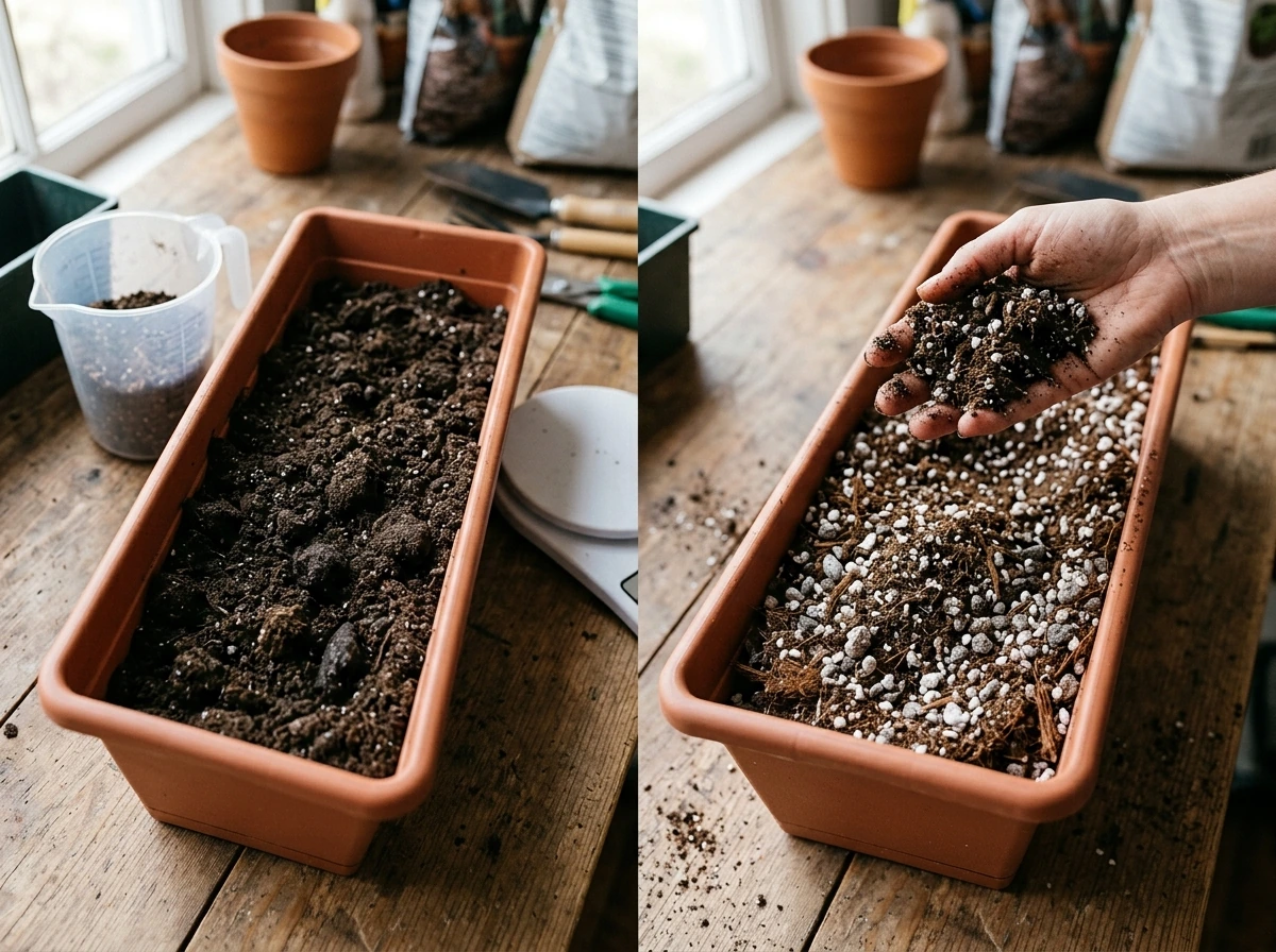 Before/after view of improving a pre-made soil mix with perlite and coco fiber.