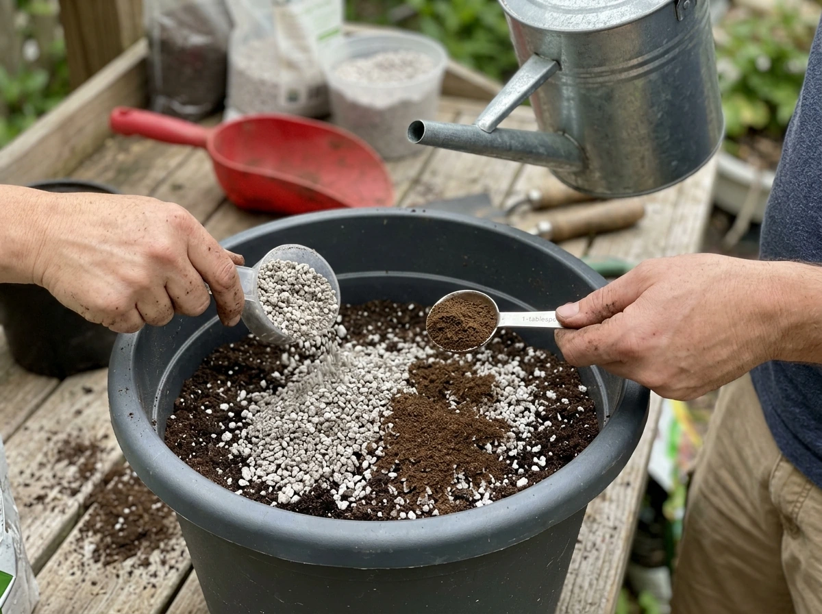 Measured soil amendments added to potting mix with distinct powder and granular textures.