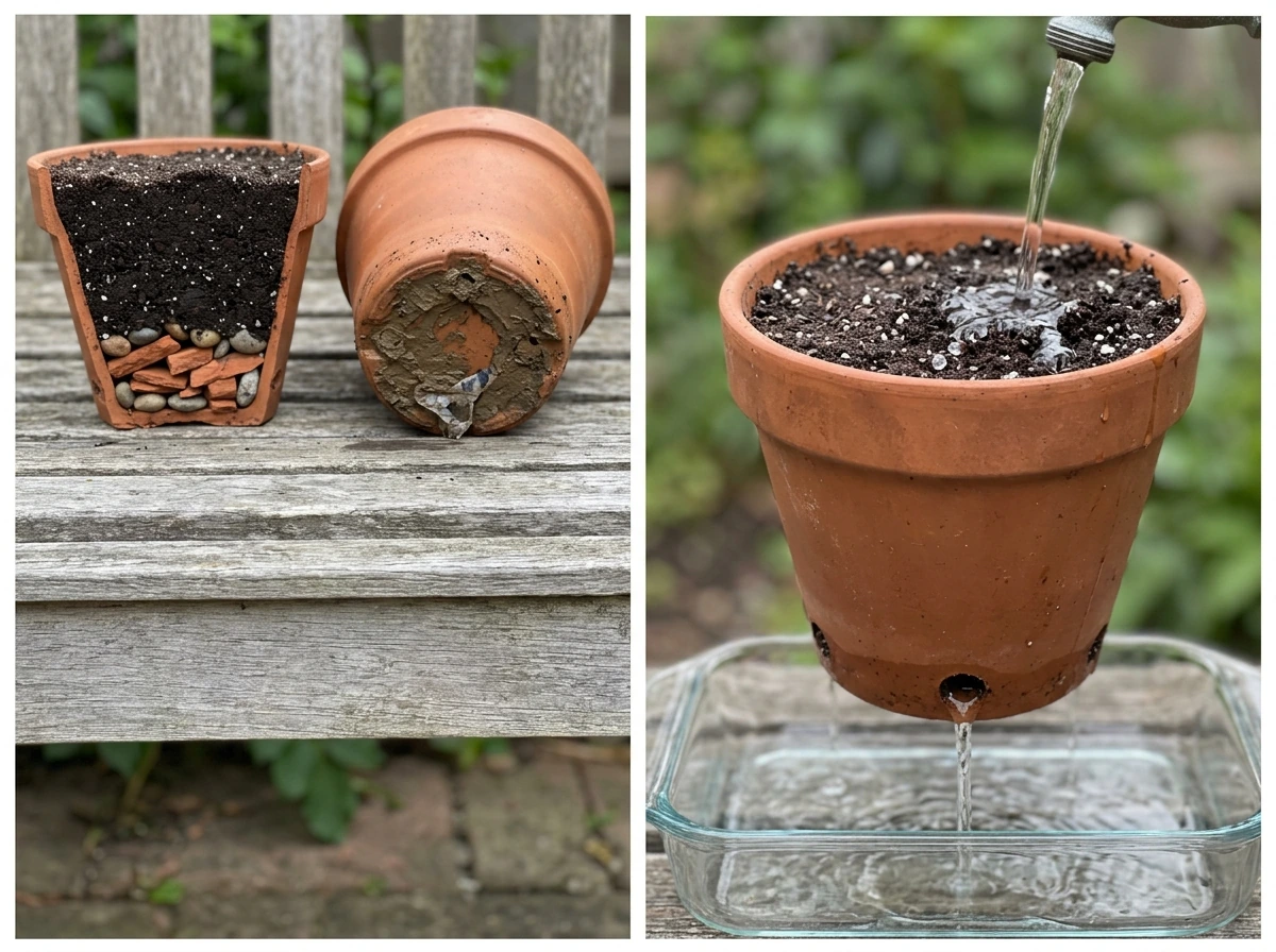 Pour test showing fast draining through proper soil container setup and drainage holes.