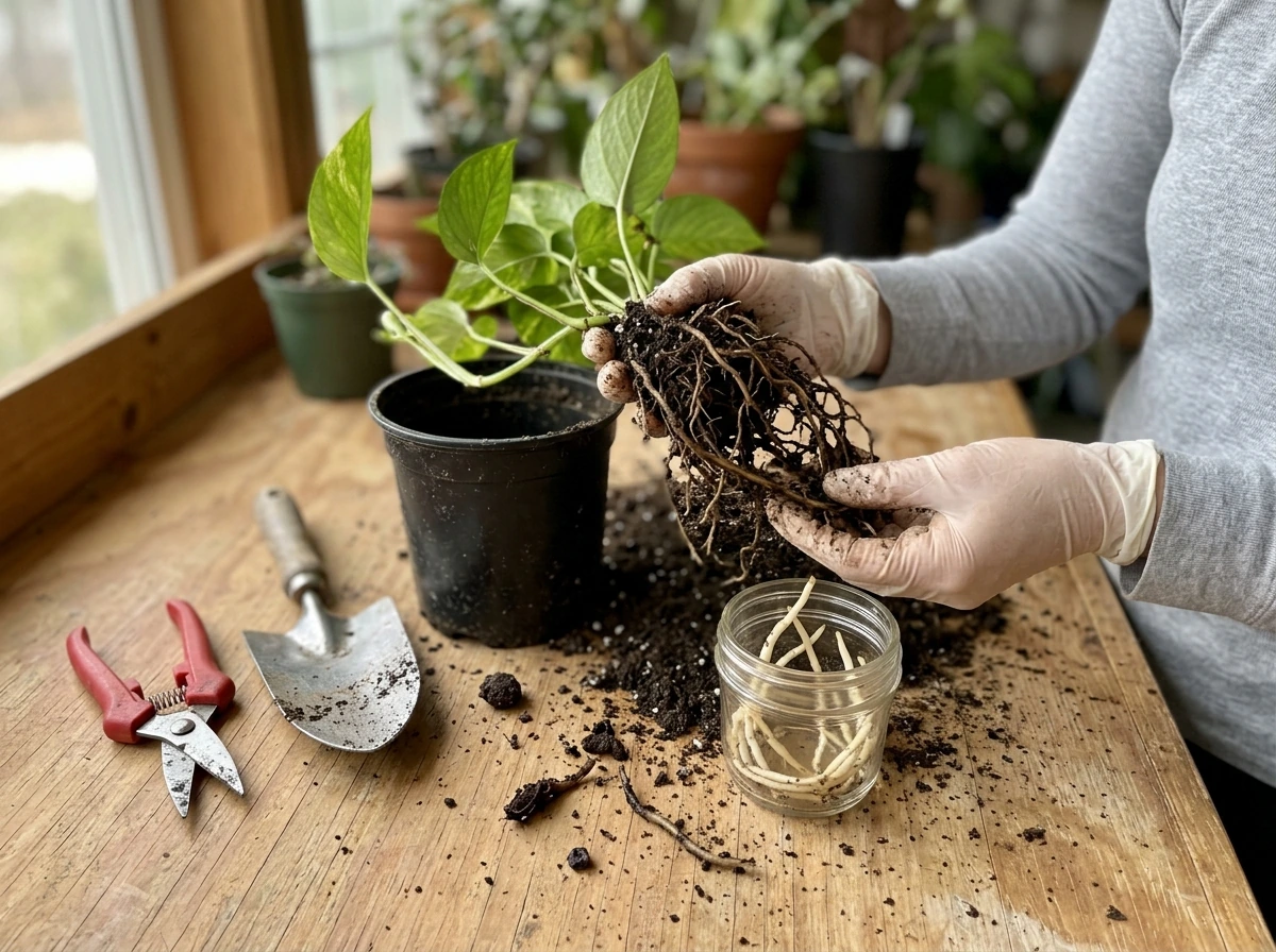 Close-up of pulled plant roots showing mushy brown root rot vs healthy white roots.