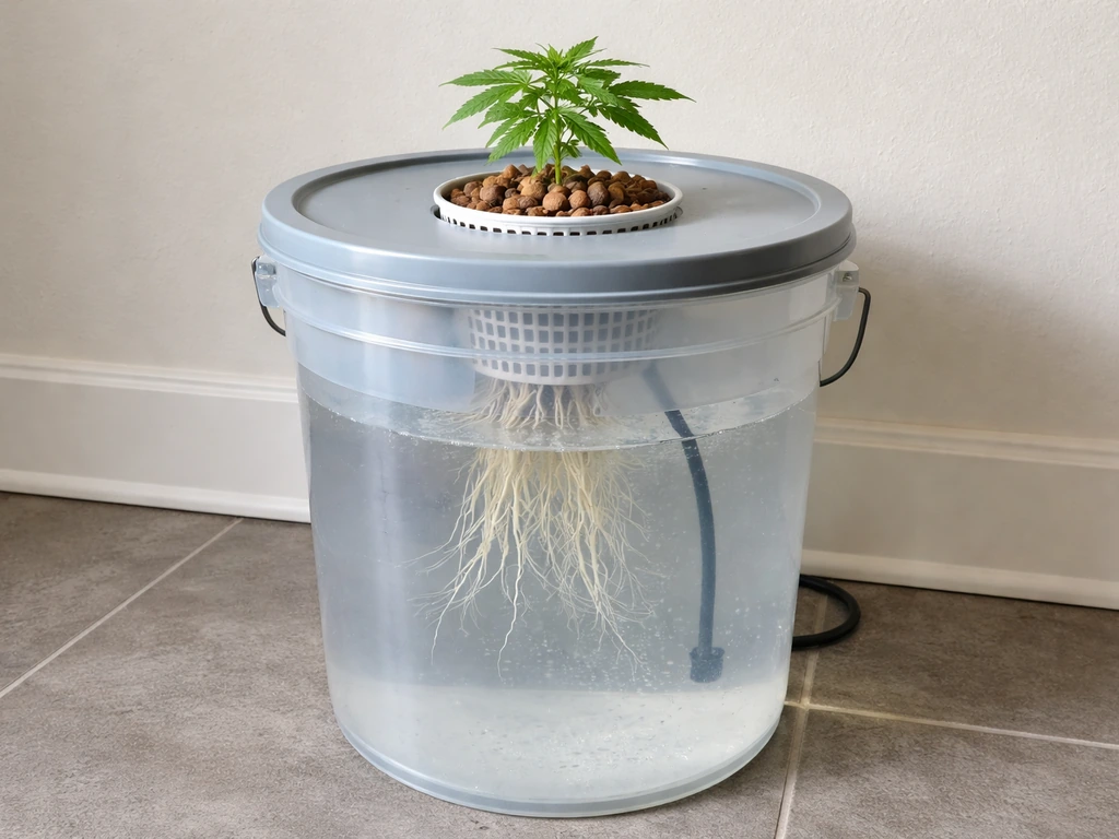 Translucent bucket DWC setup with lid, net pot, and seedling roots submerged in nutrient solution.