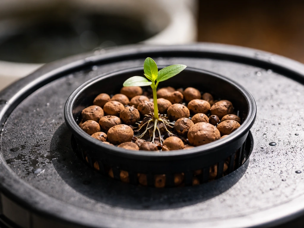 Close-up of a net pot filled with expanded clay pebbles holding a seedling above hydroponic water.