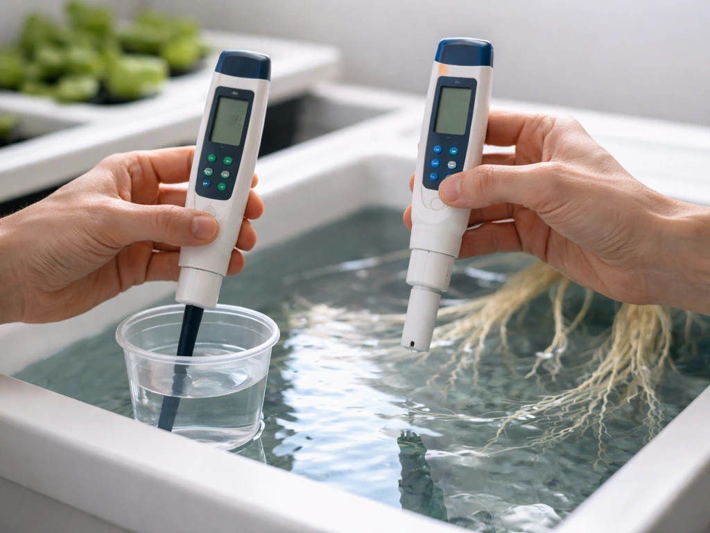 Person holding pH and EC meters over a DWC reservoir while checking a nutrient solution sample.