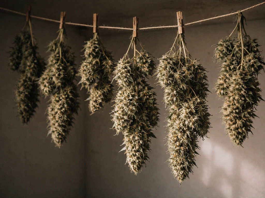 Freshly cut cannabis branches hanging upside down in a dark drying room.