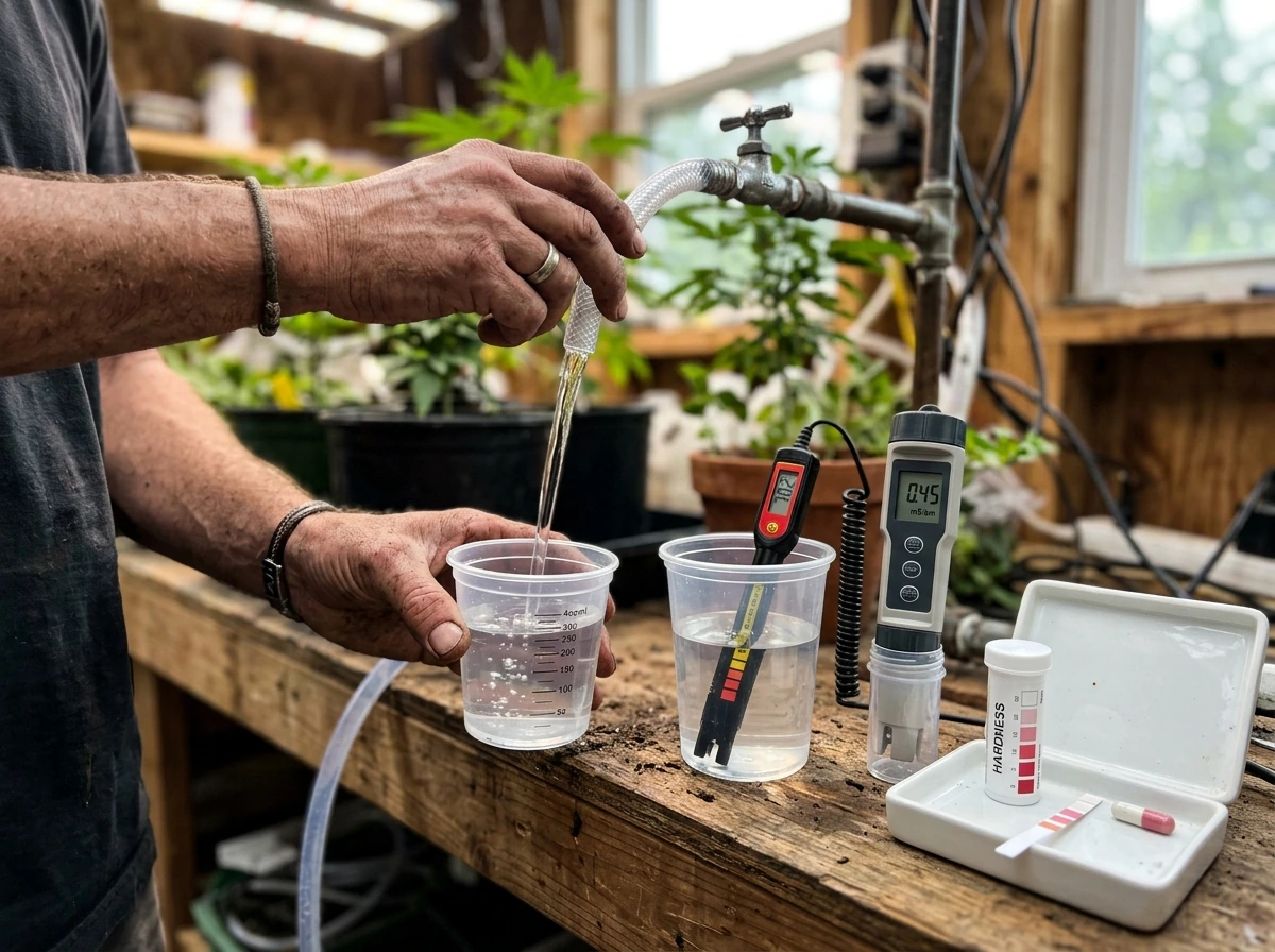 Water sample being tested for pH and EC before adding nutrients.