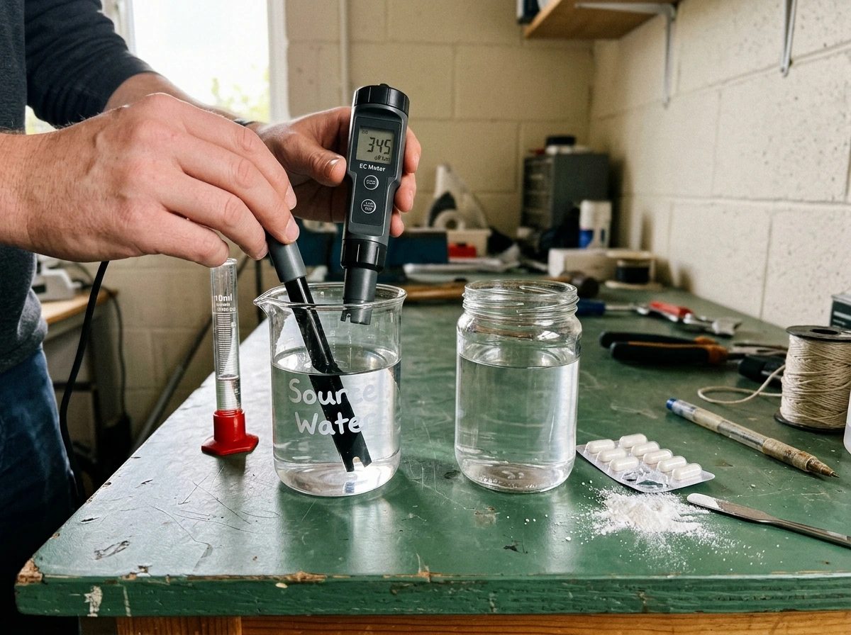 EC meter testing source water while hardness-adjusting supplies sit nearby.