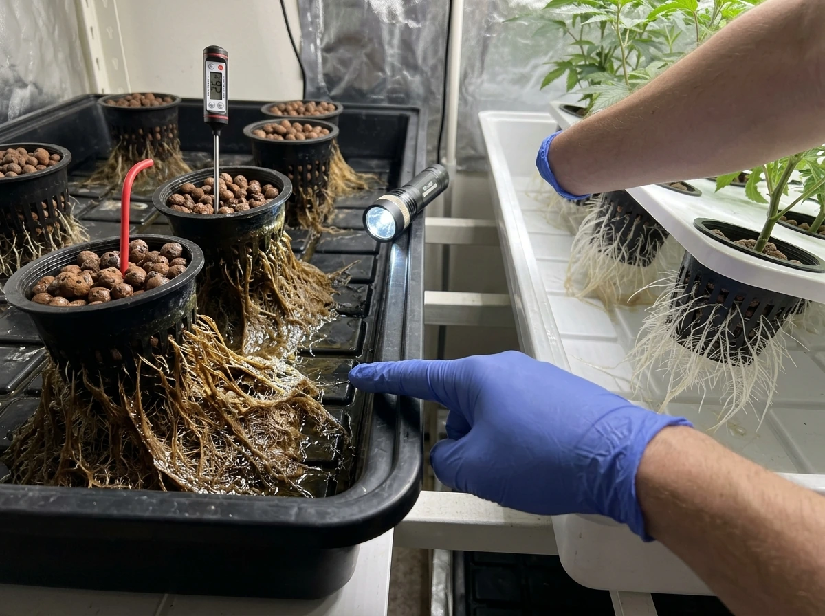 Side-by-side hydro roots showing brown slimy roots versus healthy white roots.