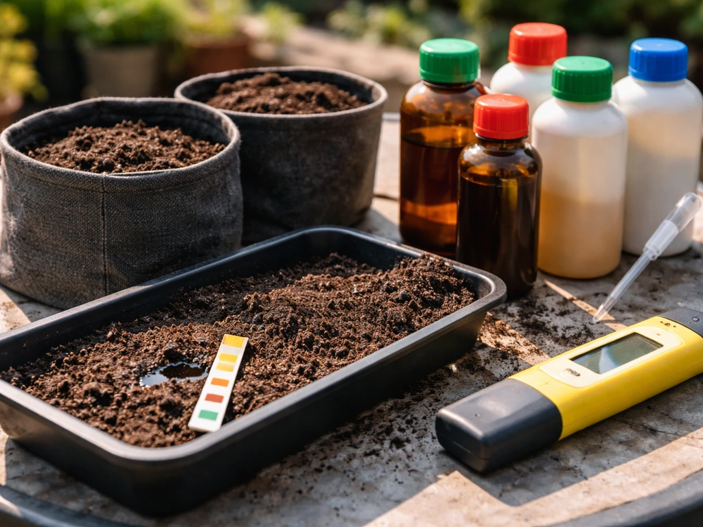 Close-up of UK soil grow pots with nutrient bottles and a visible pH test strip by the soil