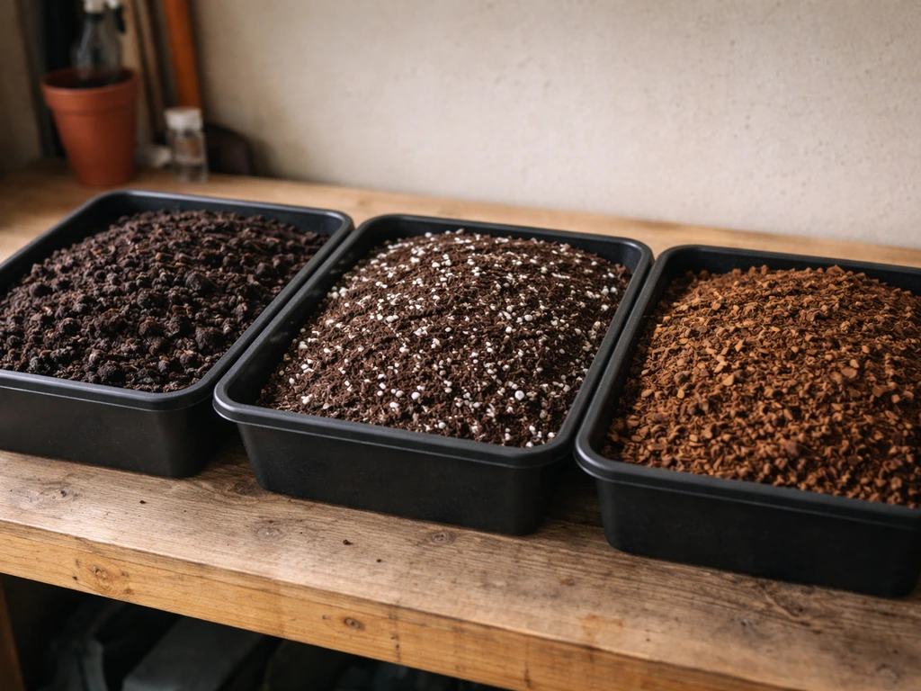 Three distinct UK-style growing media containers side-by-side: living soil compost, light/all-mix, and multi-purpose com
