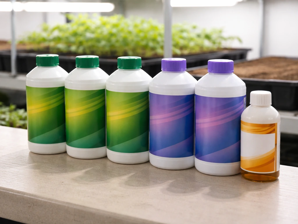 Different nutrient bottles on a bench, including main formulas and a separate supplement bottle.