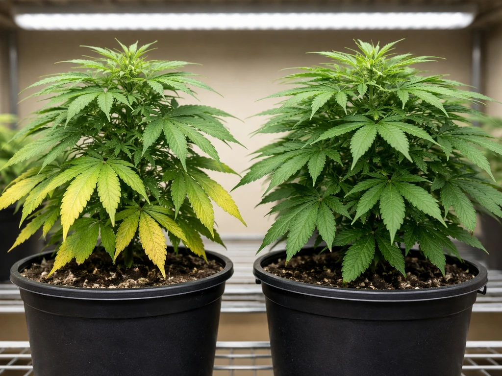 Side-by-side close-up of a yellowing cannabis plant and a healthy green plant in identical pots