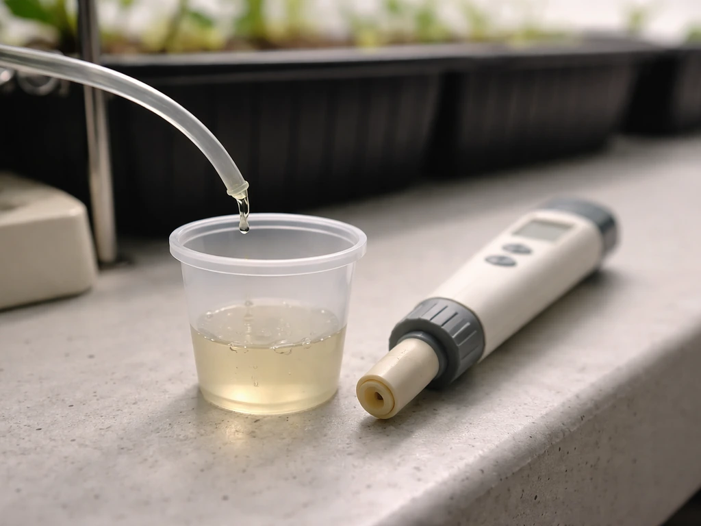 Close-up of nutrient runoff collected in a cup next to a handheld pH/EC meter on a bench.