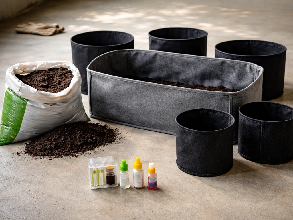 Fabric pots, potting mix, and a pH test kit neatly laid out for setting up a soil grow system.