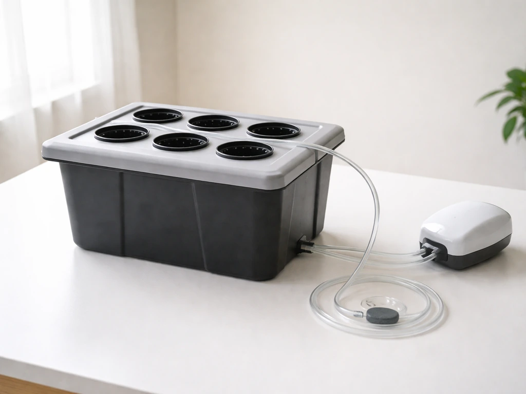 Minimal hydroponic starter kit showing light-tight reservoir, air pump/air stone, tubing, and net pots