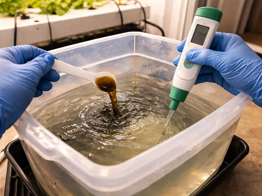 Close-up of hands mixing hydroponic nutrient solution in a reservoir beside a pH/EC test pen