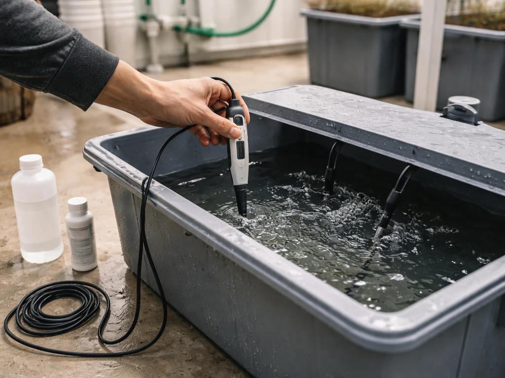 Gardening technician at a hydroponic reservoir checking pH/EC with probes near an open lid.