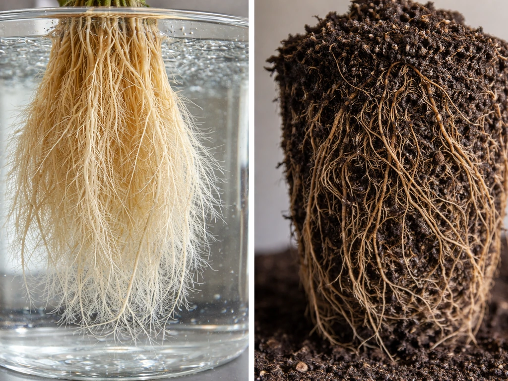 Side-by-side roots: oxygenated hydroponic roots in clear water next to darker soil roots in a root ball.