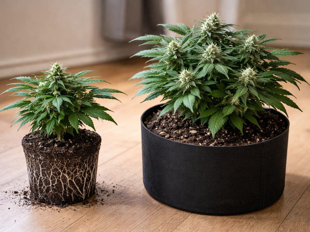Small and larger autoflower plants in separate containers, showing different root-ball readiness during transplant.
