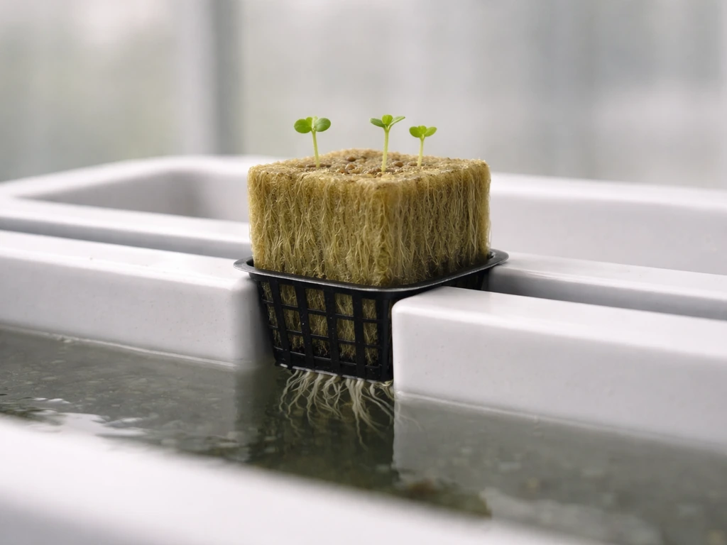 Close-up of a rockwool seedling block in a hydro rail above a grow tray.