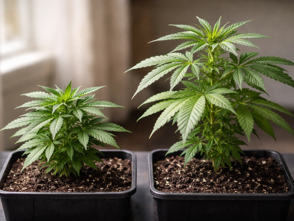Two autoflower plants in soil trays side-by-side: one compact, one taller with fuller canopy under natural light.