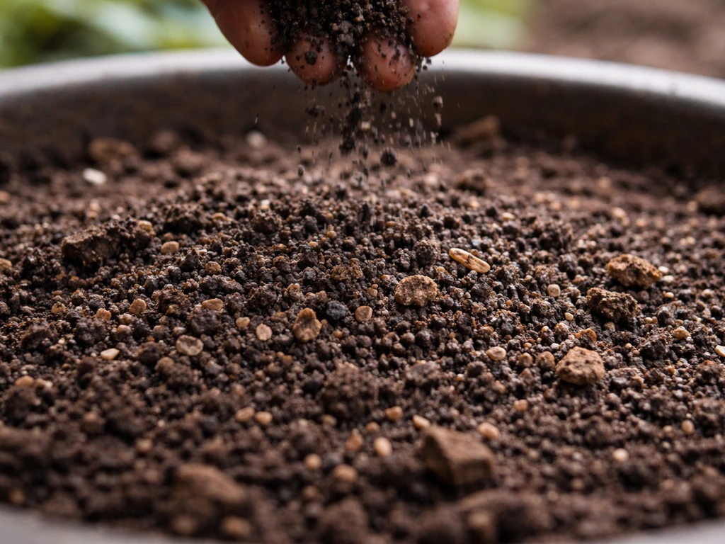 Close-up of slow-release organic amendments top-dressed onto living soil, with rich dark earth texture.