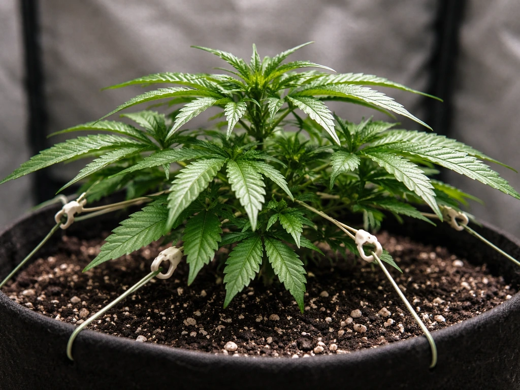 Single autoflower plant in early vegetative stage with LST ties exposing bud sites under the canopy.