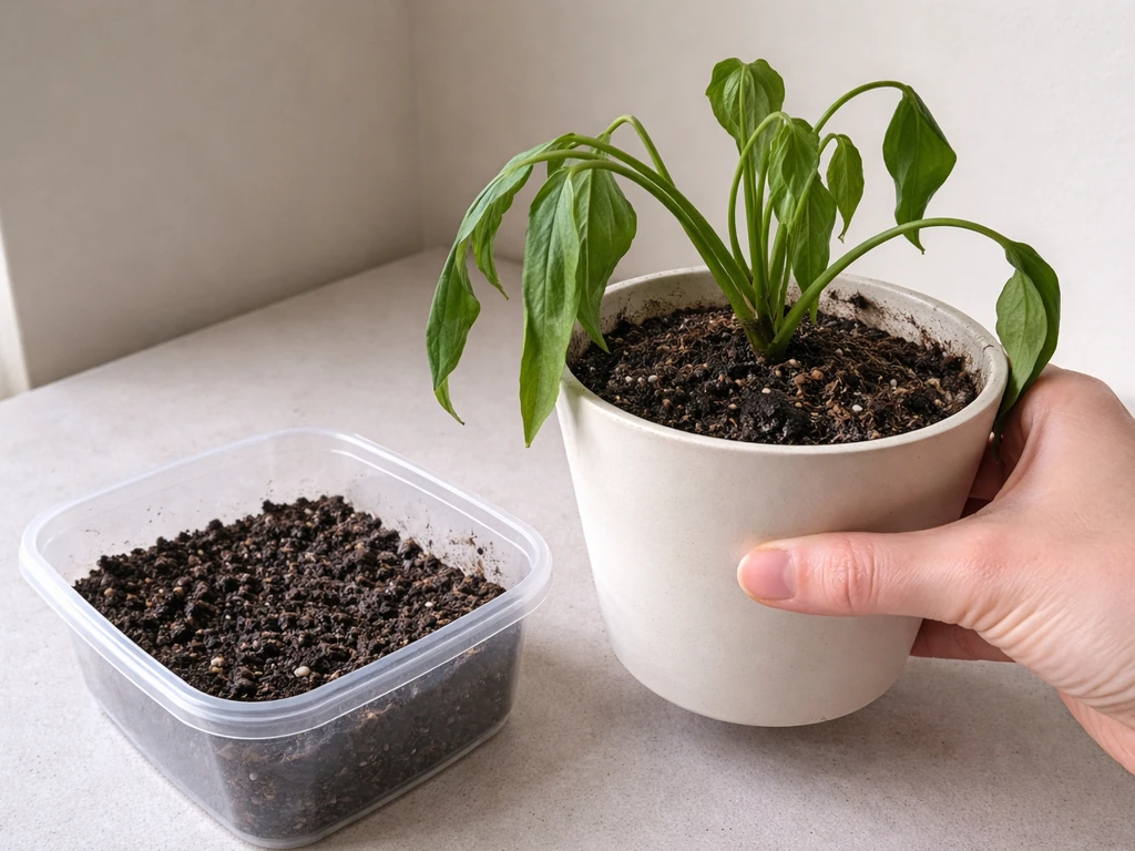 Droopy potted plant with wet soil; an anonymous hand lifts the pot to check soil dryness.