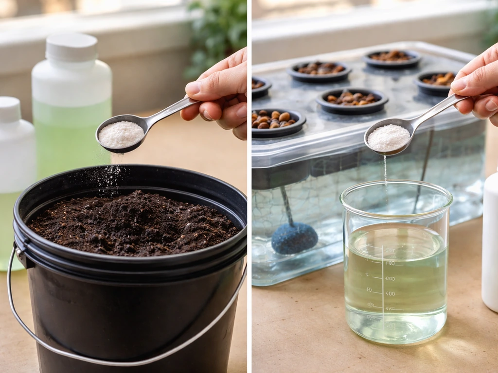 Side-by-side photo of measuring nutrient doses for soil vs hydroponics, showing different liquid volumes.