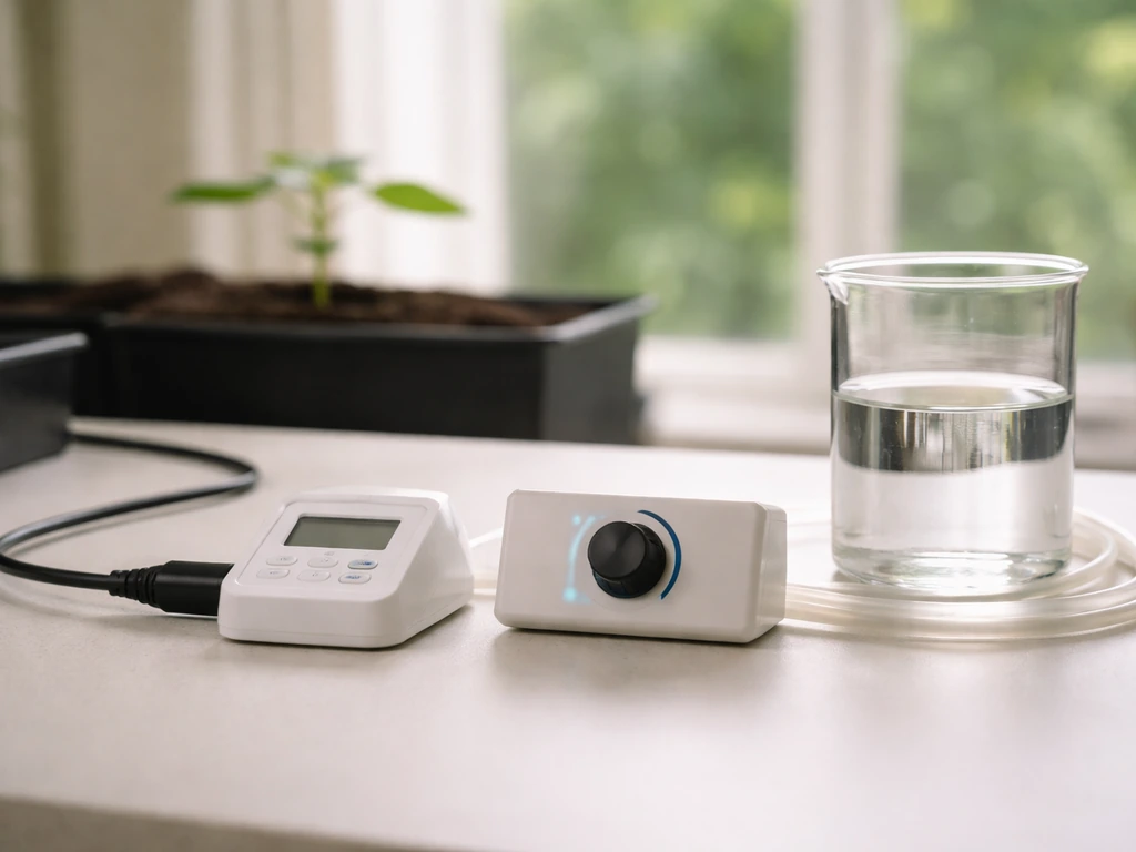 Close view of an EC meter and dial on a grow-station table with nutrient solution and blurred seedlings.