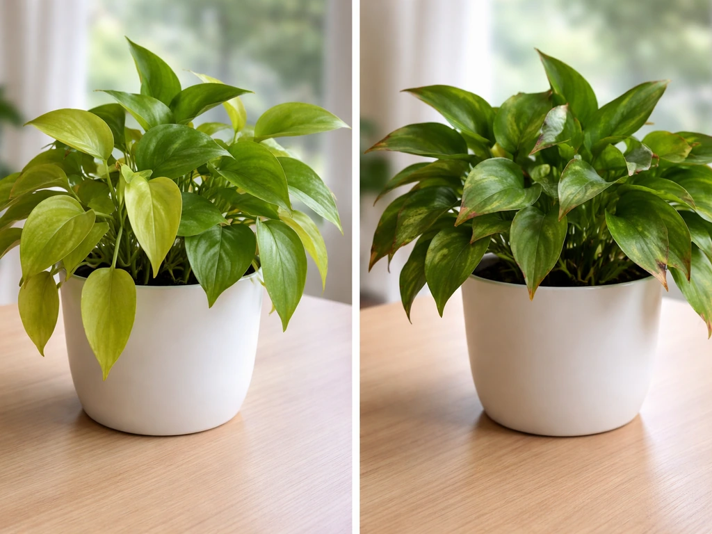Two side-by-side potted plants: left pale/yellowing older leaves, right with brown crispy leaf tips.