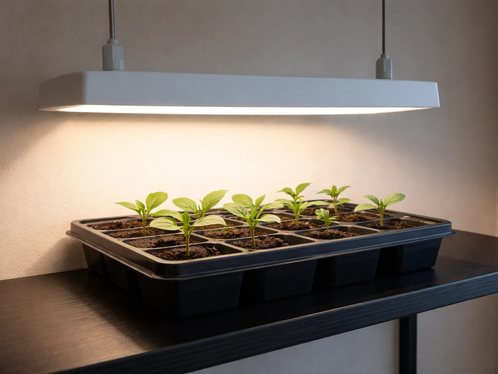 Close-up of an LED grow light above seedlings with clear distance cues affecting brightness on leaves.