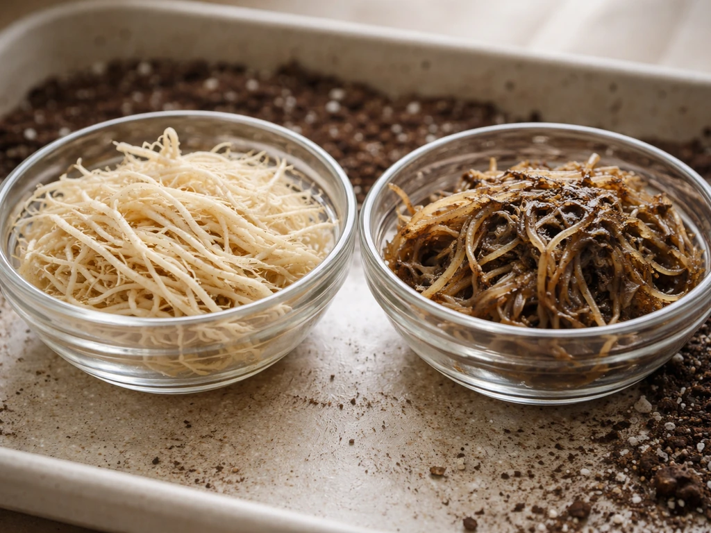 Close-up of plant roots in two small containers: firm off-white healthy roots and slimy brown rot roots.
