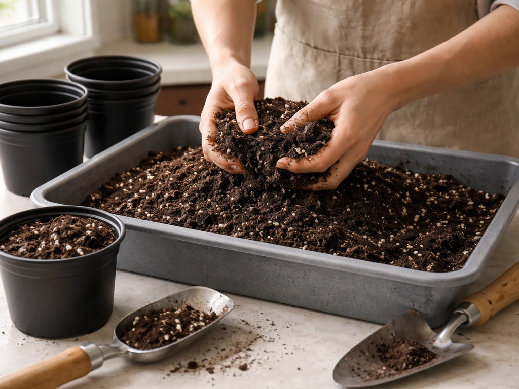 Hands portion aerated amended potting soil from a tray into nursery pots on a clean counter.