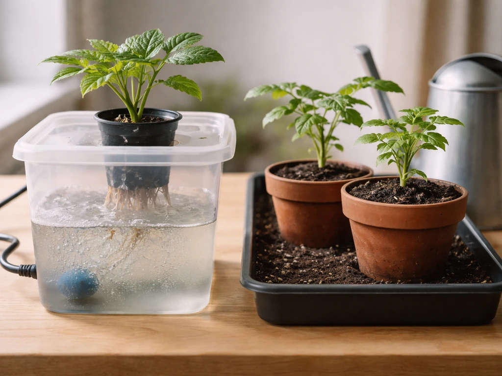 Side-by-side hydroponic DWC reservoir with air stone next to potted soil plants, minimal comparison scene.