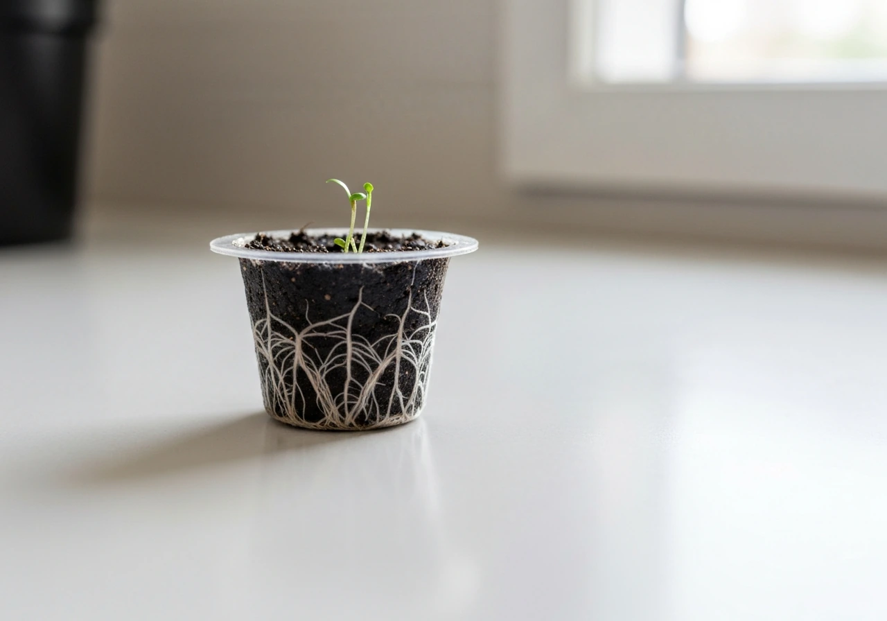 Close-up of an opened smart garden plant pod showing moist soil and exposed roots on a clean counter.